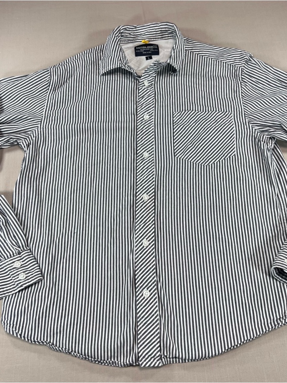 Nautica Jeans Co Men’s L Black White Stripe Long Sleeve Button Down Cotton Shirt